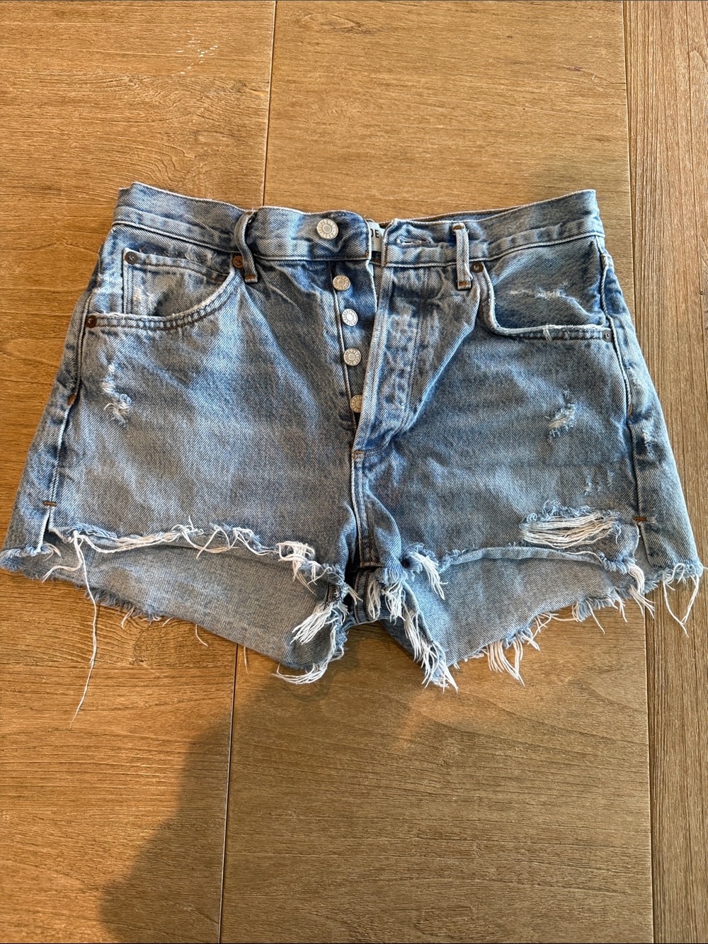 Agolde Light Blue High-Rise Distressed Button-Fly Denim Shorts